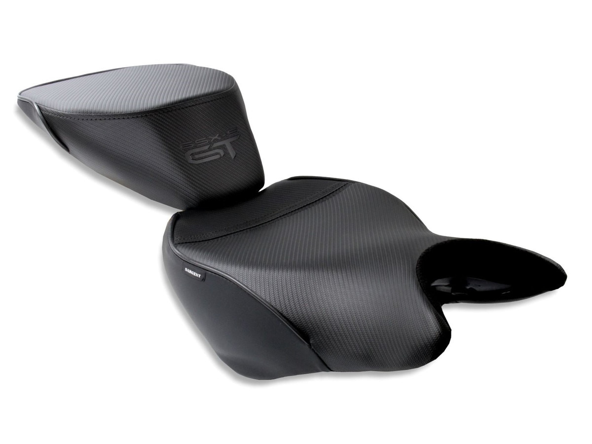 Suzuki GSX-S 1000GT World Sport 2-piece motorcycle seats with the GT logo in CFX black.